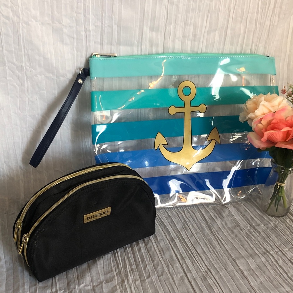NAUTICAL OCEAN theme clear plastic ditty beach bag & ELLEN TRACY cosmetic case